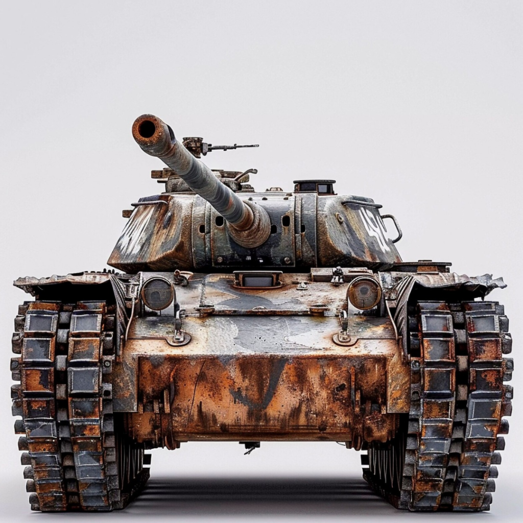 A rugged, battle-worn tank with camouflage patterns and a prominent front cannon